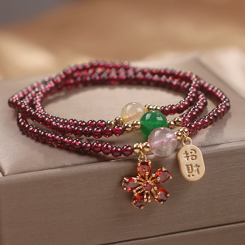 Buddha Stones Naturalne 3mm Ultracienkie Koraliki Granatu Kwiat Wiśni Przyciągaj Szczęście Ochrona Wielowarstwowa Bransoletka