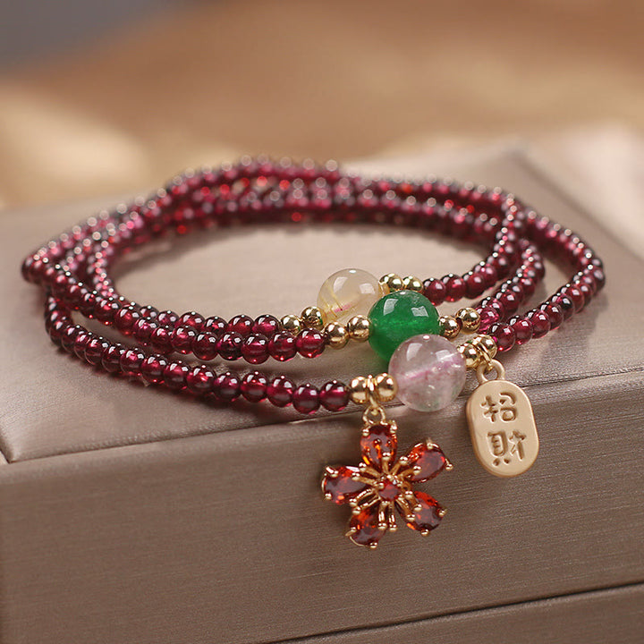 Buddha Stones Naturalne 3mm Ultracienkie Koraliki Granatu Kwiat Wiśni Przyciągaj Szczęście Ochrona Wielowarstwowa Bransoletka