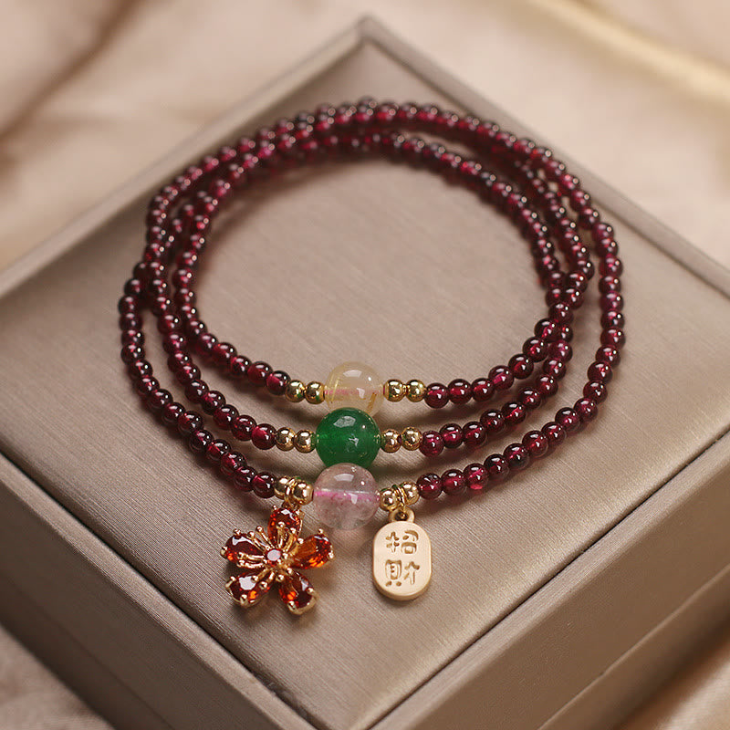 Buddha Stones Naturalne 3mm Ultracienkie Koraliki Granatu Kwiat Wiśni Przyciągaj Szczęście Ochrona Wielowarstwowa Bransoletka
