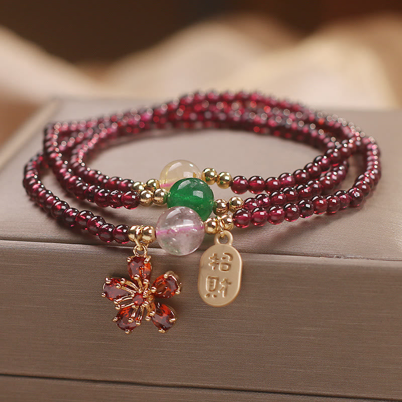 Buddha Stones Naturalne 3mm Ultracienkie Koraliki Granatu Kwiat Wiśni Przyciągaj Szczęście Ochrona Wielowarstwowa Bransoletka