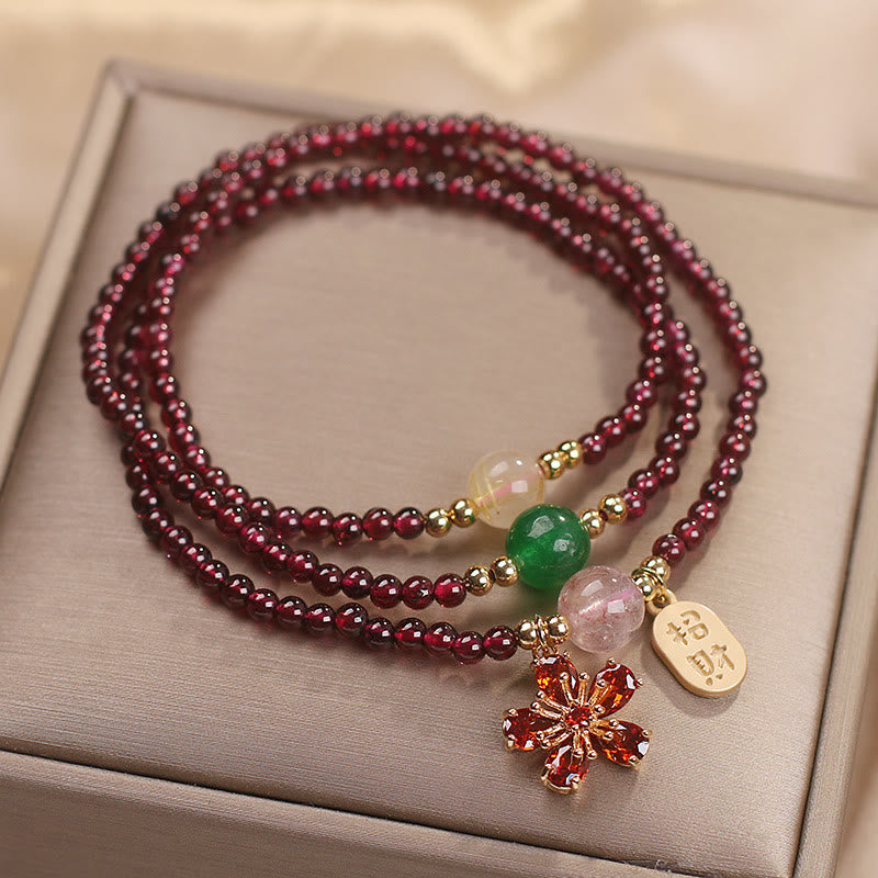 Buddha Stones Naturalne 3mm Ultracienkie Koraliki Granatu Kwiat Wiśni Przyciągaj Szczęście Ochrona Wielowarstwowa Bransoletka
