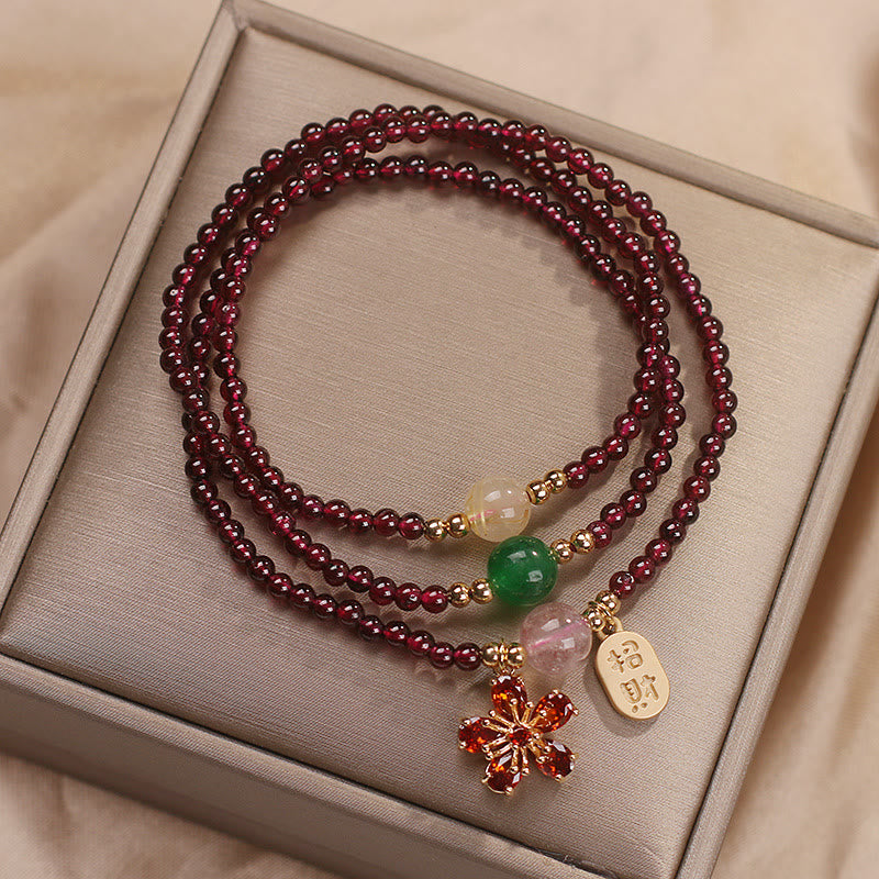 Buddha Stones Naturalne 3mm Ultracienkie Koraliki Granatu Kwiat Wiśni Przyciągaj Szczęście Ochrona Wielowarstwowa Bransoletka