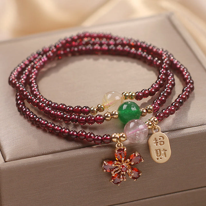Buddha Stones Naturalne 3mm Ultracienkie Koraliki Granatu Kwiat Wiśni Przyciągaj Szczęście Ochrona Wielowarstwowa Bransoletka