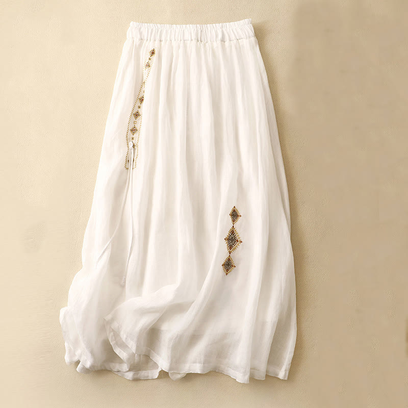 Buddha Stones Etniczne Vintage Haftowane Guziki Projekt Damska Spódnica Bawełniana Lniana 7-8 Długość - Biały - US8-10，UK/AU12-14，EU40-42 (2XL) - image 5