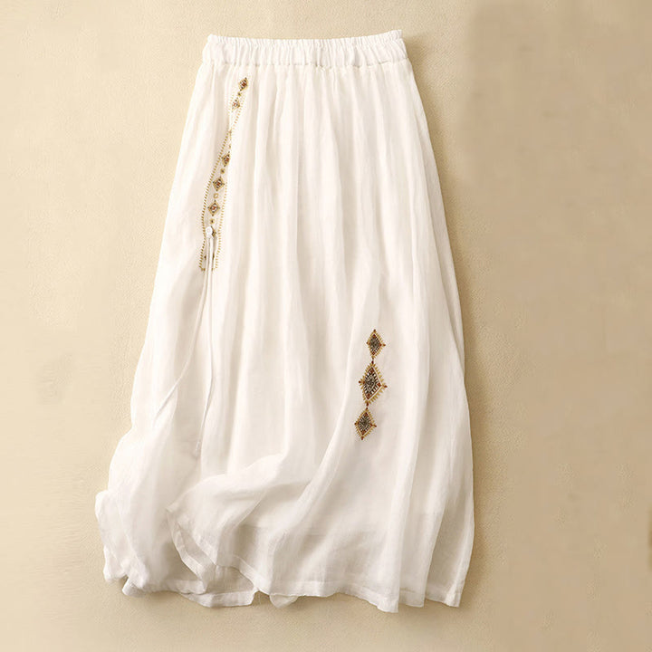Buddha Stones Etniczne Vintage Haftowane Guziki Projekt Damska Spódnica Bawełniana Lniana 7-8 Długość - Biały - US8-10，UK/AU12-14，EU40-42 (2XL) - image 5