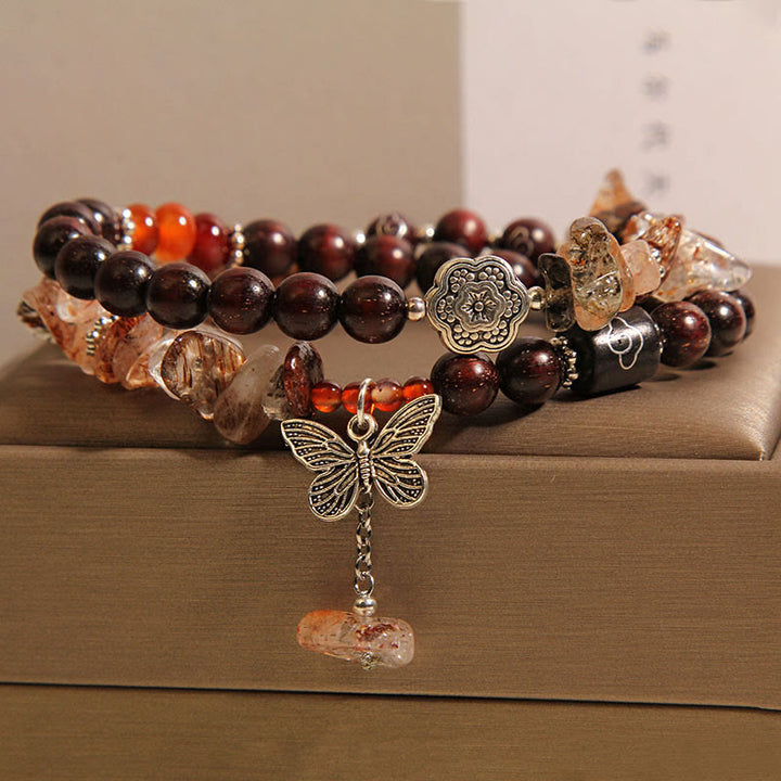 Buddha Stones Naturalny Kwarc Rutilowany Mały Liść Czerwony Sandałowiec Bransoletka z Motylem Bogactwa