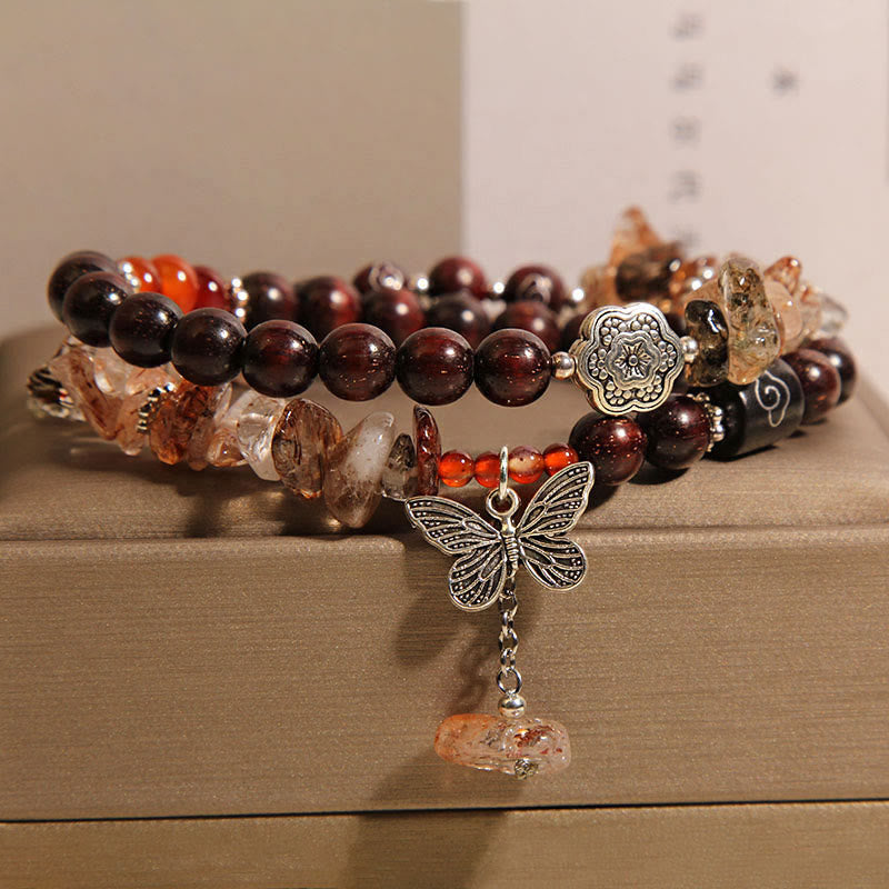Buddha Stones Naturalny Kwarc Rutilowany Mały Liść Czerwony Sandałowiec Bransoletka z Motylem Bogactwa