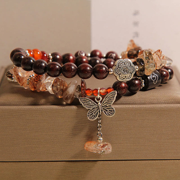 Buddha Stones Naturalny Kwarc Rutilowany Mały Liść Czerwony Sandałowiec Bransoletka z Motylem Bogactwa