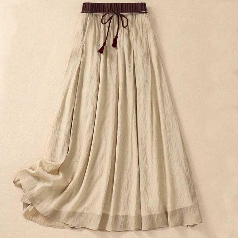 Spódnica Buddha Stones Casual Kontrastujące Kolory Plisowana Sznurowana Damska Bawełniana Lniana Długość 7-8 - Blada nawłoć - US8-10，UK/AU12-14，EU40-42 (2XL) - image 0