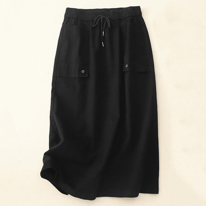 Spódnica damska z bawełny i lnu w rozmiarze 7-8 z kieszeniami Buddha Stones Vintage Plain Drawstring Button Design Slide Slite - Czarny - US8-10，UK/AU12-14，EU40-42 (2XL) - image 7