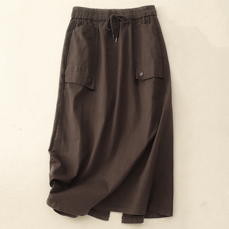 Spódnica damska z bawełny i lnu w rozmiarze 7-8 z kieszeniami Buddha Stones Vintage Plain Drawstring Button Design Slide Slite - SaddleBrown - US8-10，UK/AU12-14，EU40-42 (2XL) - image 11