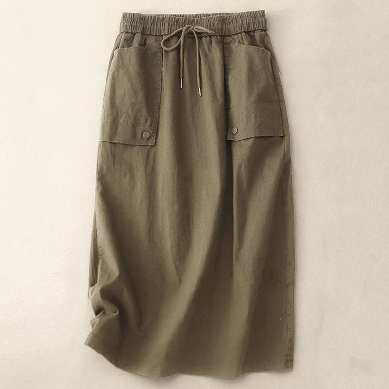 Spódnica damska z bawełny i lnu w rozmiarze 7-8 z kieszeniami Buddha Stones Vintage Plain Drawstring Button Design Slide Slite - Oliwka - US8-10，UK/AU12-14，EU40-42 (2XL) - image 0