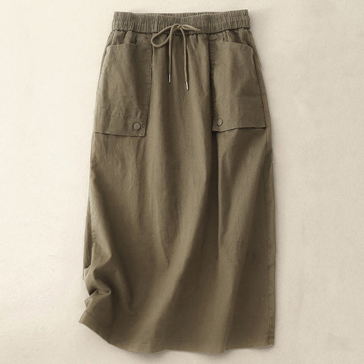 Spódnica damska z bawełny i lnu w rozmiarze 7-8 z kieszeniami Buddha Stones Vintage Plain Drawstring Button Design Slide Slite - Oliwka - US8-10，UK/AU12-14，EU40-42 (2XL) - image 0