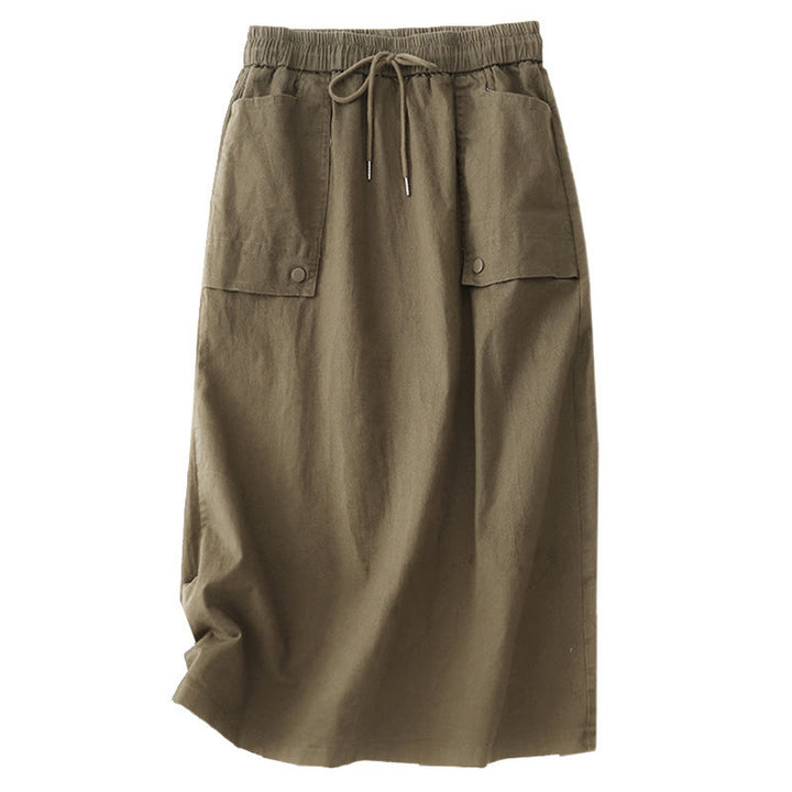 Spódnica damska z bawełny i lnu w rozmiarze 7-8 z kieszeniami Buddha Stones Vintage Plain Drawstring Button Design Slide Slite - image 6