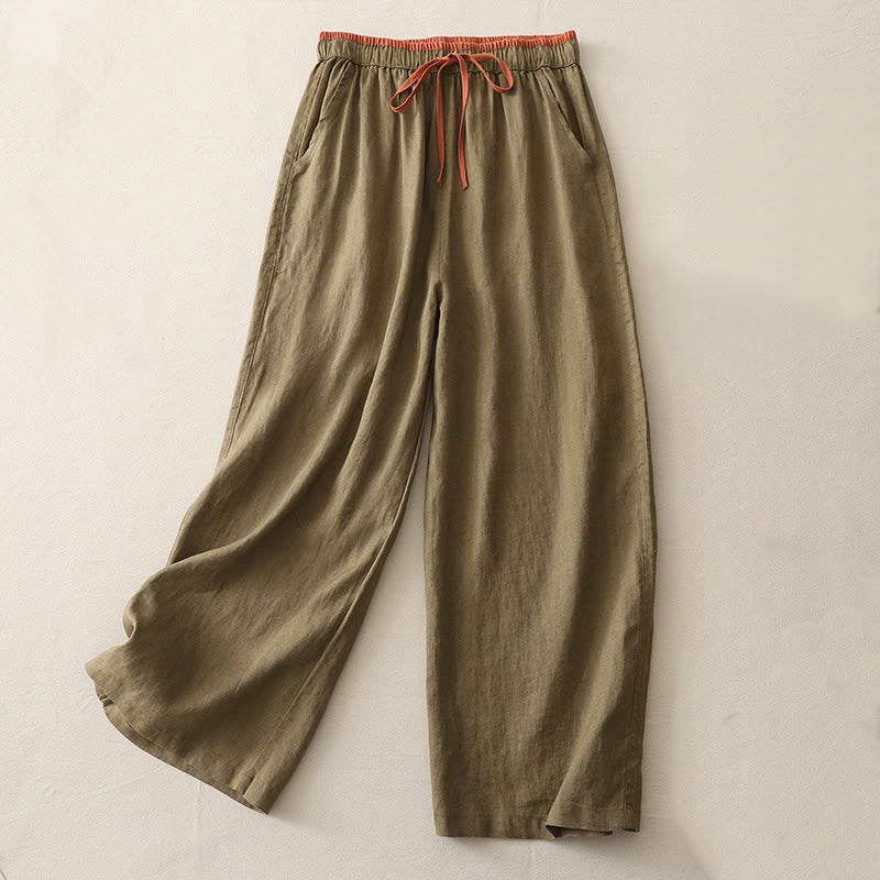 Spodnie damskie z szerokimi nogawkami i kieszeniami, w swobodnym stylu Buddha Stones Colorblock, ze ściągaczem - Ciemny Khaki - US14, UK/AU18, EU46 (3XL) - image 0