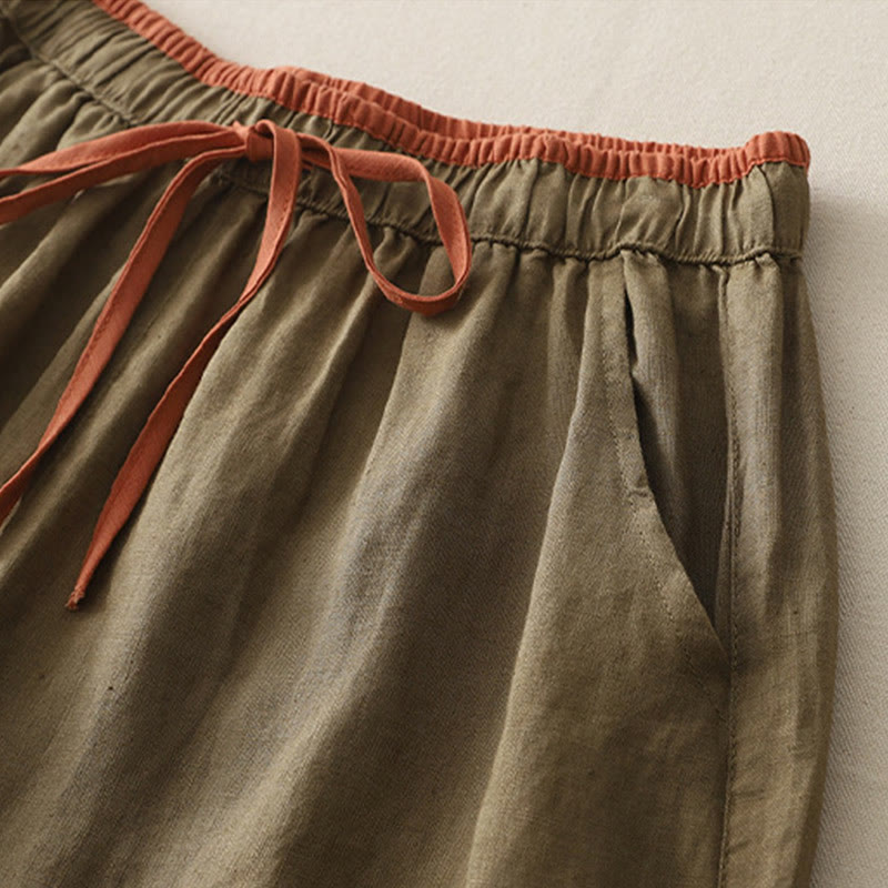 Spodnie damskie z szerokimi nogawkami Buddha Stones w swobodnym stylu z kolorowym blokiem i ściągaczem, bawełniane, z kieszeniami - image 1