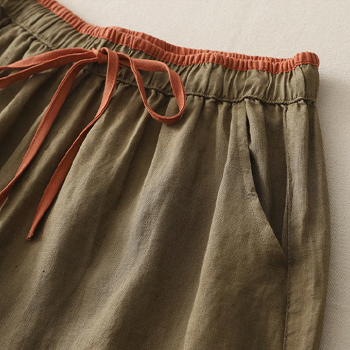 Spodnie damskie z szerokimi nogawkami Buddha Stones w swobodnym stylu z kolorowym blokiem i ściągaczem, bawełniane, z kieszeniami - image 1