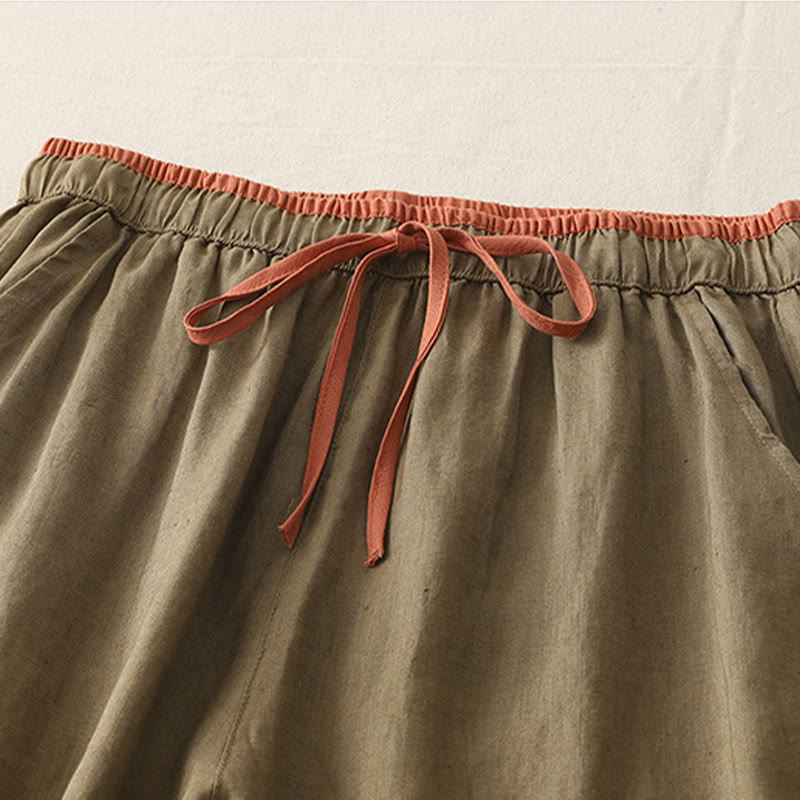 Spodnie damskie z szerokimi nogawkami Buddha Stones w swobodnym stylu z kolorowym blokiem i ściągaczem, bawełniane, z kieszeniami - image 2