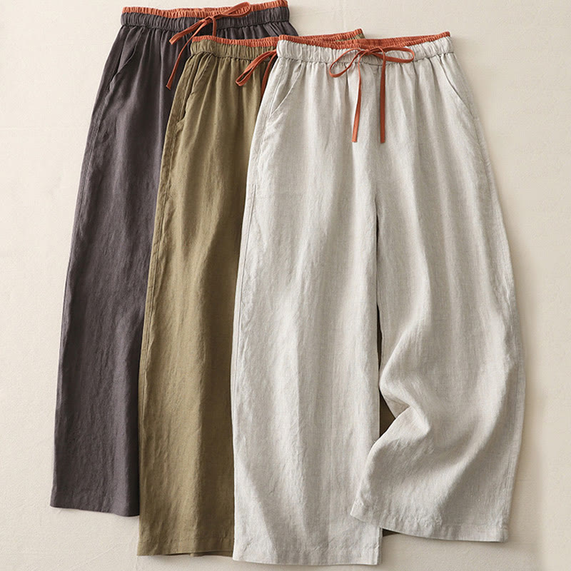 Spodnie damskie z szerokimi nogawkami Buddha Stones w swobodnym stylu z kolorowym blokiem i ściągaczem, bawełniane, z kieszeniami - image 22