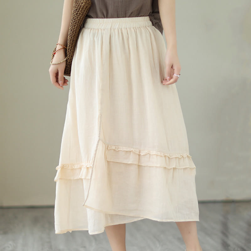 Buddha Stones Vintage Artystyczny Czysty Kolor Marszczony Wzór Nieregularna Spódnica Damska Bawełniano-Lniana - Jasnozłoty - US8-10，UK/AU12-14，EU40-42 (2XL) - image 0