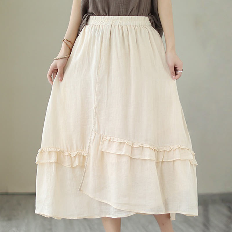 Buddha Stones Vintage Artystyczny Czysty Kolor Marszczony Wzór Nieregularna Spódnica Damska Bawełniano-Lniana - image 1