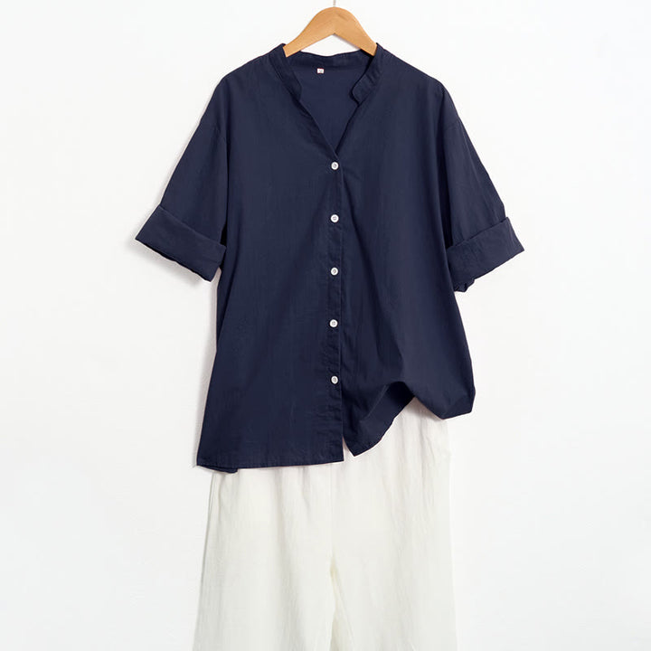 Koszula damska z bawełny i lnu Buddha Stones Summer Casual Plain Breasted Collared Short Sleeve - image 5