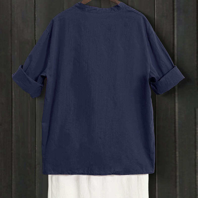 Koszula damska z bawełny i lnu Buddha Stones Summer Casual Plain Breasted Collared Short Sleeve - image 1