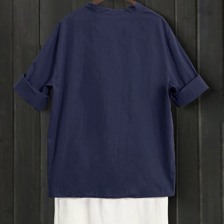 Koszula damska z bawełny i lnu Buddha Stones Summer Casual Plain Breasted Collared Short Sleeve - image 1