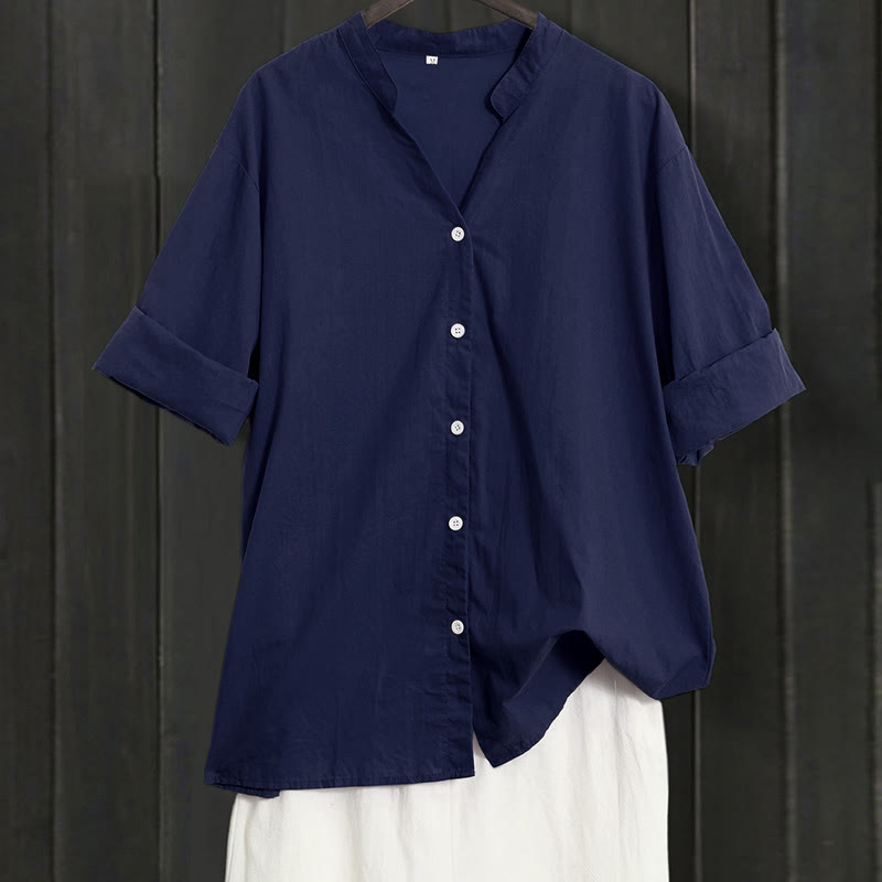 Koszula damska z bawełny i lnu Buddha Stones Summer Casual Plain Breasted Collared Short Sleeve - Marynarka wojenna - US20, UK/AU24, EU52 (5XL) - image 0