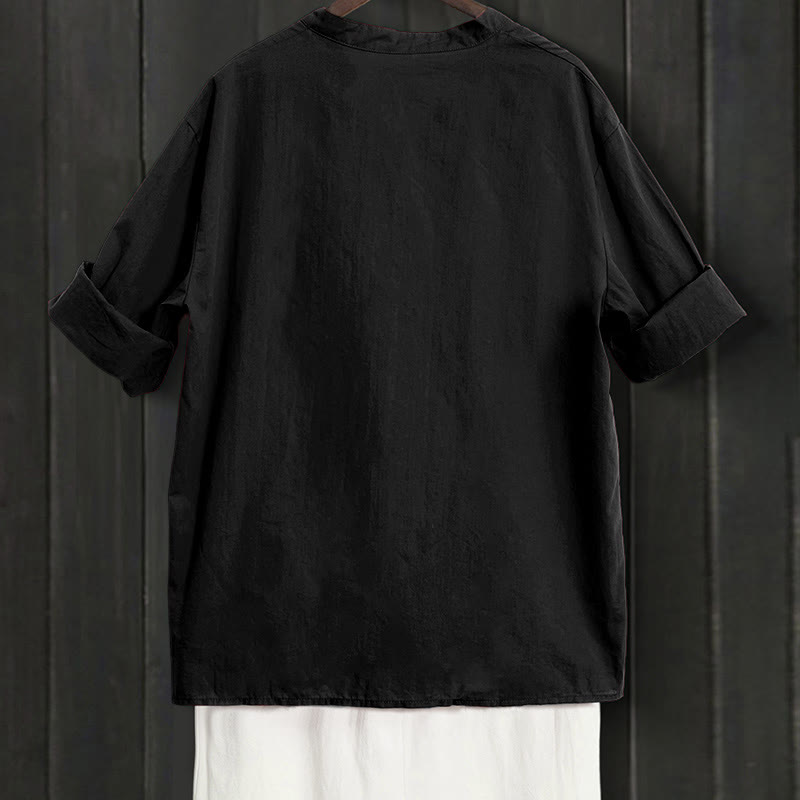 Koszula damska z bawełny i lnu Buddha Stones Summer Casual Plain Breasted Collared Short Sleeve - image 7