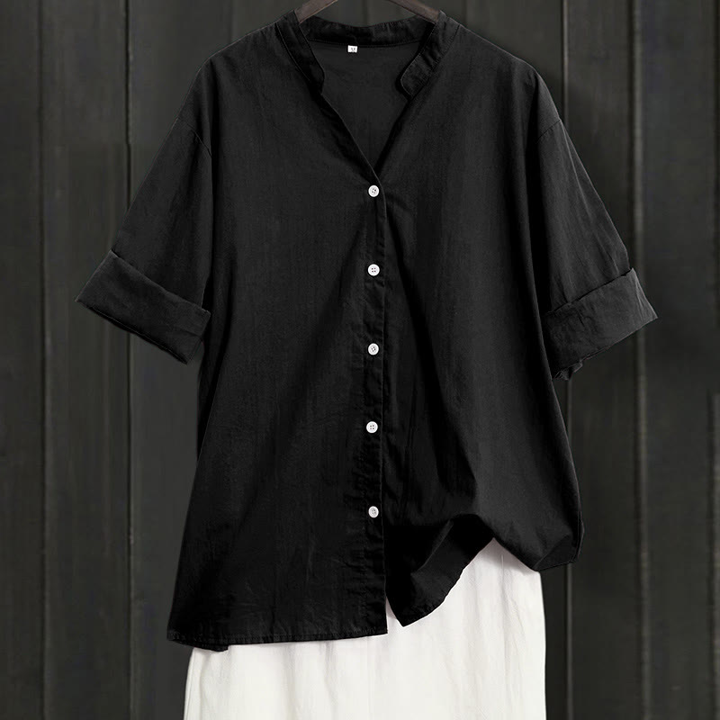 Koszula damska z bawełny i lnu Buddha Stones Summer Casual Plain Breasted Collared Short Sleeve - Czarny - US20, UK/AU24, EU52 (5XL) - image 6