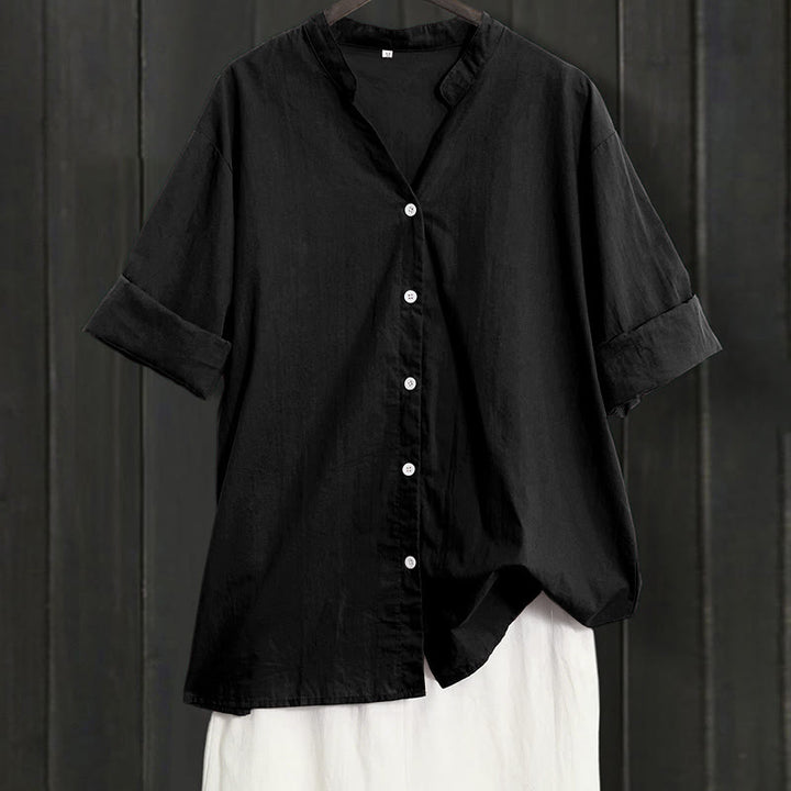 Koszula damska z bawełny i lnu Buddha Stones Summer Casual Plain Breasted Collared Short Sleeve - Czarny - US20, UK/AU24, EU52 (5XL) - image 6