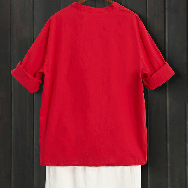 Koszula damska z bawełny i lnu Buddha Stones Summer Casual Plain Breasted Collared Short Sleeve - image 13