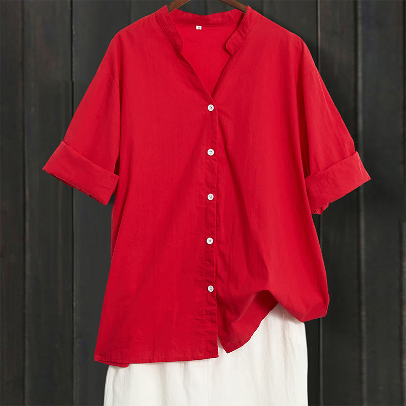 Koszula damska z bawełny i lnu Buddha Stones Summer Casual Plain Breasted Collared Short Sleeve - Karmazynowy - US20, UK/AU24, EU52 (5XL) - image 12