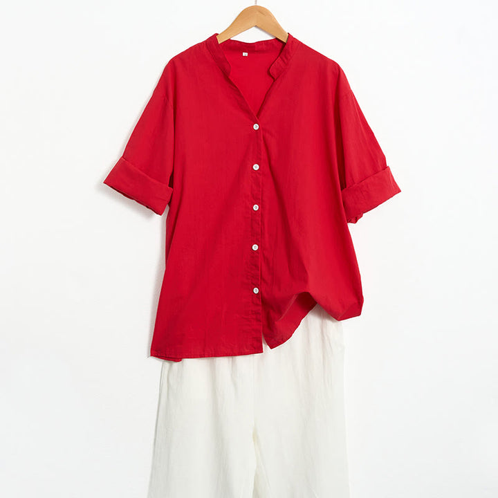 Koszula damska z bawełny i lnu Buddha Stones Summer Casual Plain Breasted Collared Short Sleeve - image 17