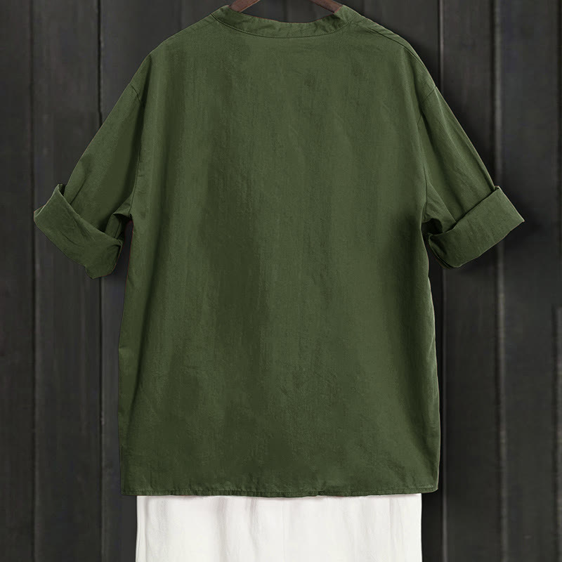 Koszula damska z bawełny i lnu Buddha Stones Summer Casual Plain Breasted Collared Short Sleeve - image 19