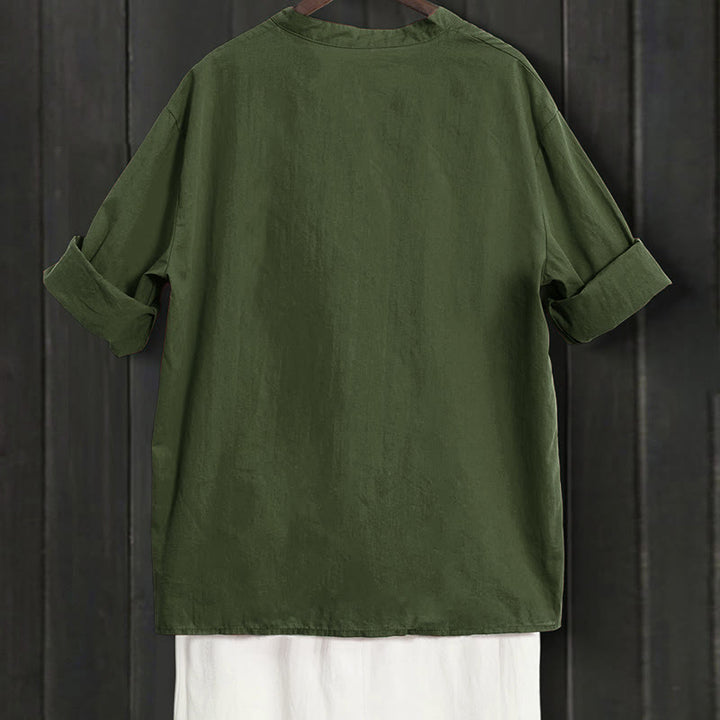 Koszula damska z bawełny i lnu Buddha Stones Summer Casual Plain Breasted Collared Short Sleeve - image 19