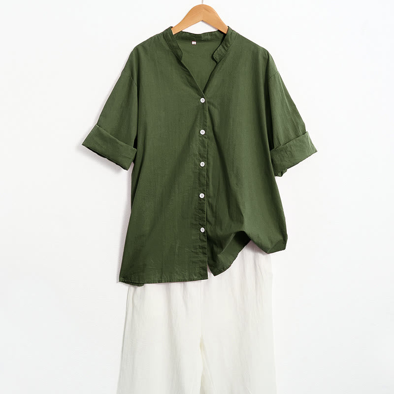 Koszula damska z bawełny i lnu Buddha Stones Summer Casual Plain Breasted Collared Short Sleeve - image 23