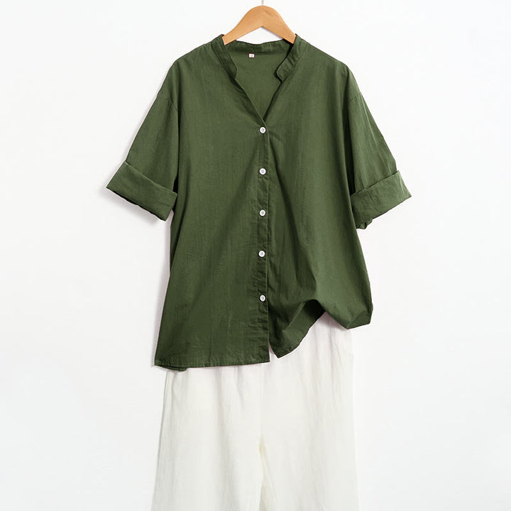 Koszula damska z bawełny i lnu Buddha Stones Summer Casual Plain Breasted Collared Short Sleeve - image 23