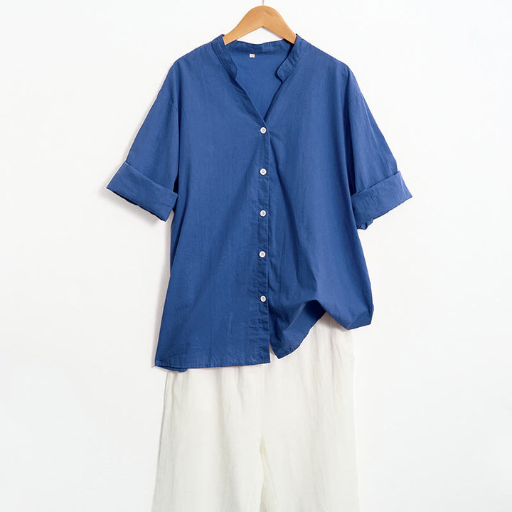 Koszula damska z bawełny i lnu Buddha Stones Summer Casual Plain Breasted Collared Short Sleeve - image 29