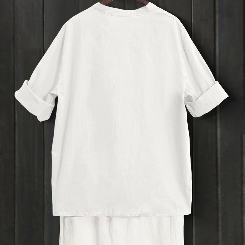 Koszula damska z bawełny i lnu Buddha Stones Summer Casual Plain Breasted Collared Short Sleeve - image 31