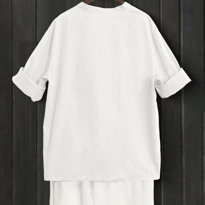 Koszula damska z bawełny i lnu Buddha Stones Summer Casual Plain Breasted Collared Short Sleeve - image 31