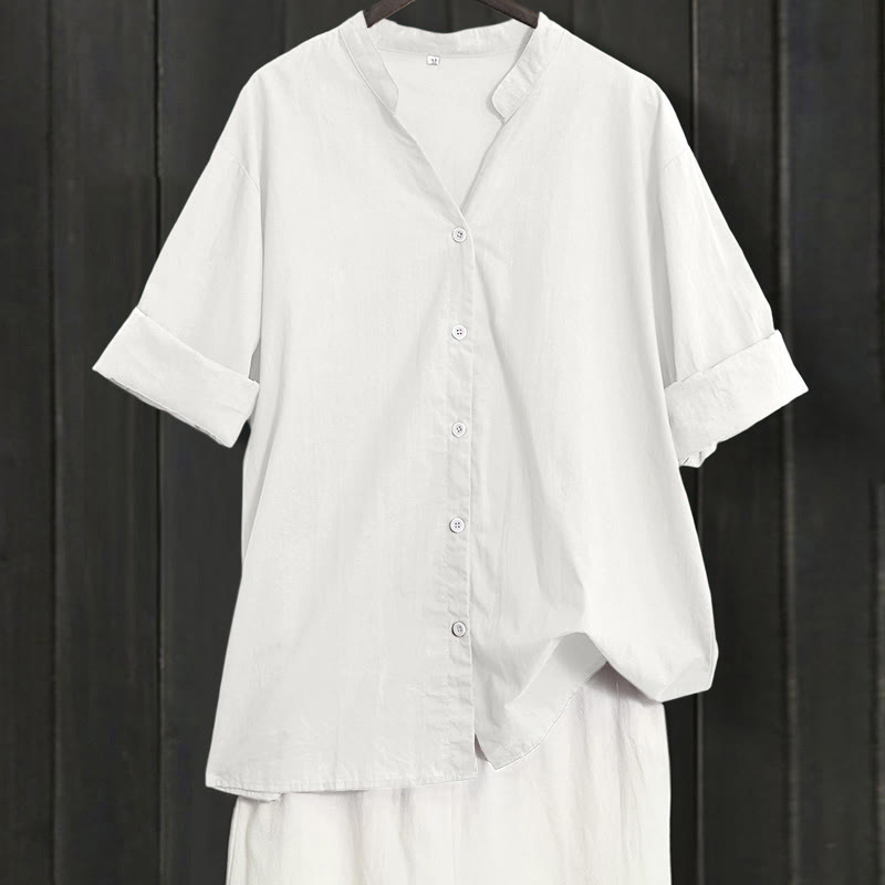 Koszula damska z bawełny i lnu Buddha Stones Summer Casual Plain Breasted Collared Short Sleeve - Biały - US20, UK/AU24, EU52 (5XL) - image 30