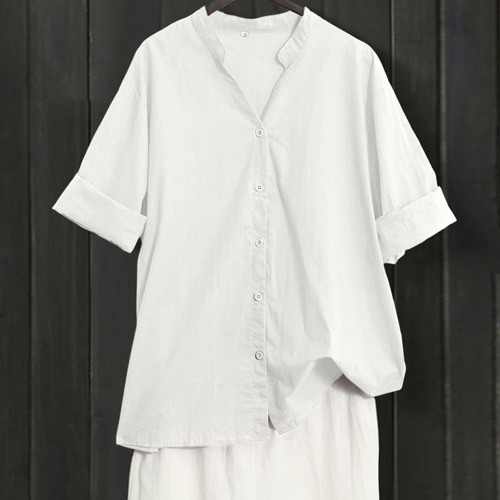 Koszula damska z bawełny i lnu Buddha Stones Summer Casual Plain Breasted Collared Short Sleeve - Biały - US20, UK/AU24, EU52 (5XL) - image 30