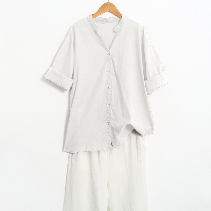 Koszula damska z bawełny i lnu Buddha Stones Summer Casual Plain Breasted Collared Short Sleeve - image 35