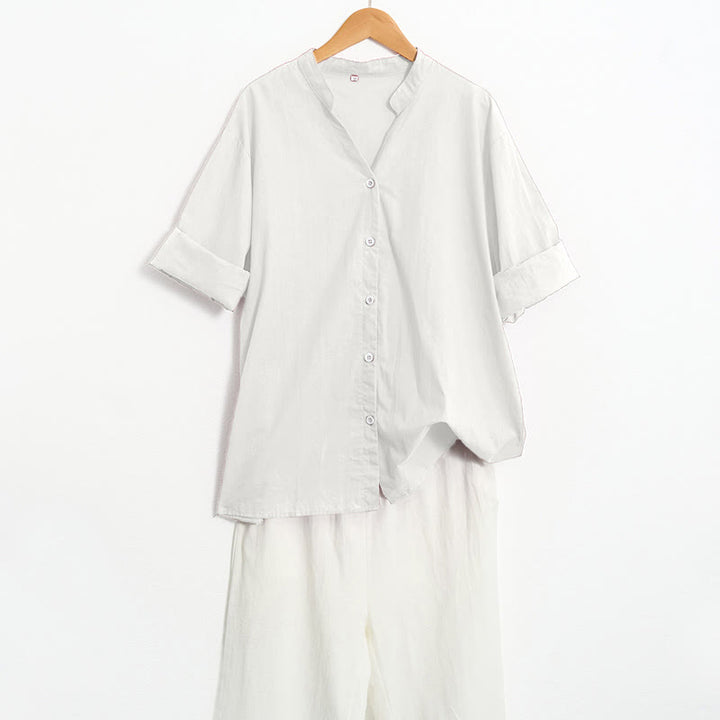 Koszula damska z bawełny i lnu Buddha Stones Summer Casual Plain Breasted Collared Short Sleeve - image 35