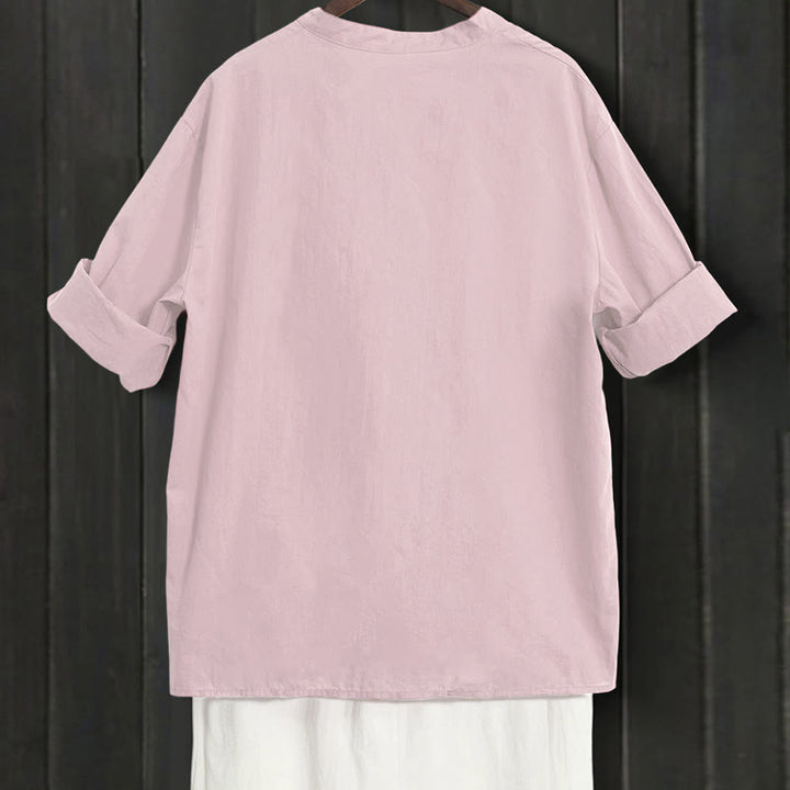Koszula damska z bawełny i lnu Buddha Stones Summer Casual Plain Breasted Collared Short Sleeve - image 37