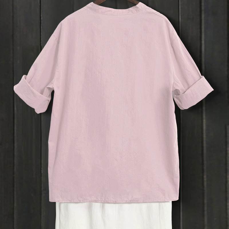 Koszula damska z bawełny i lnu Buddha Stones Summer Casual Plain Breasted Collared Short Sleeve - image 37
