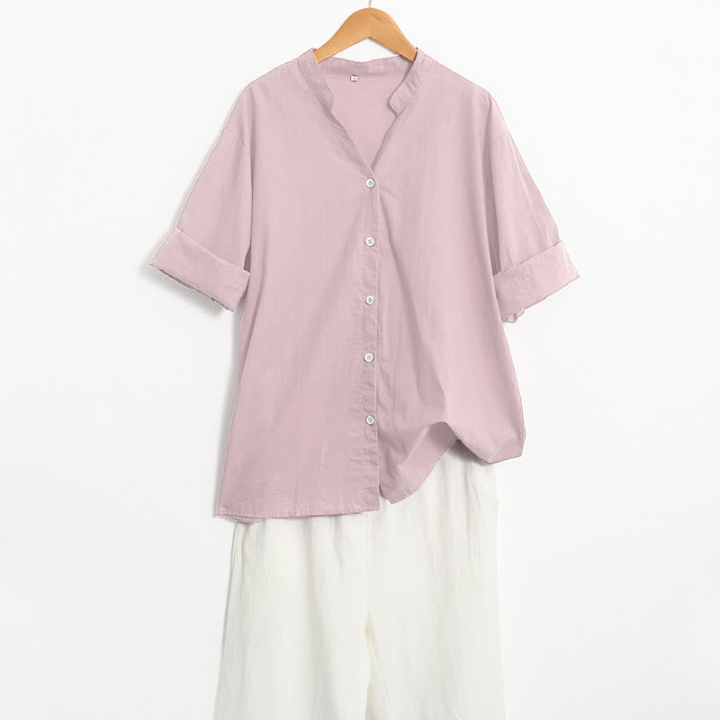 Koszula damska z bawełny i lnu Buddha Stones Summer Casual Plain Breasted Collared Short Sleeve - image 41