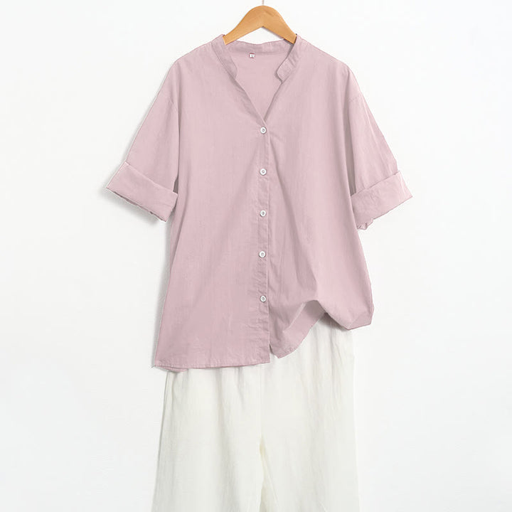 Koszula damska z bawełny i lnu Buddha Stones Summer Casual Plain Breasted Collared Short Sleeve - image 41